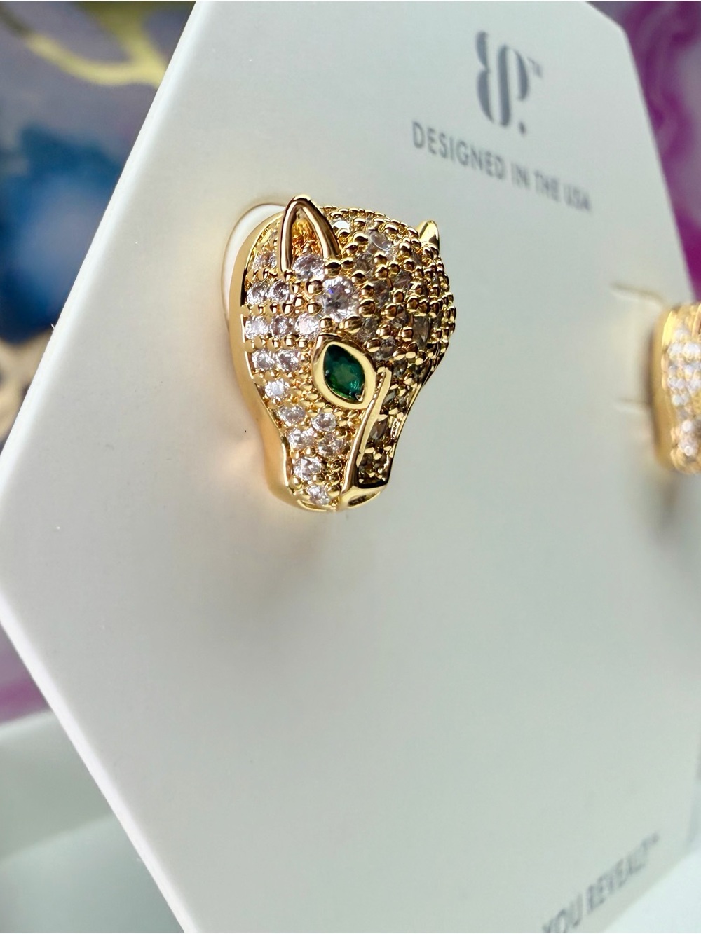 Bomb Party OG Earrings- Gold Jaguars with Emerald ER11381